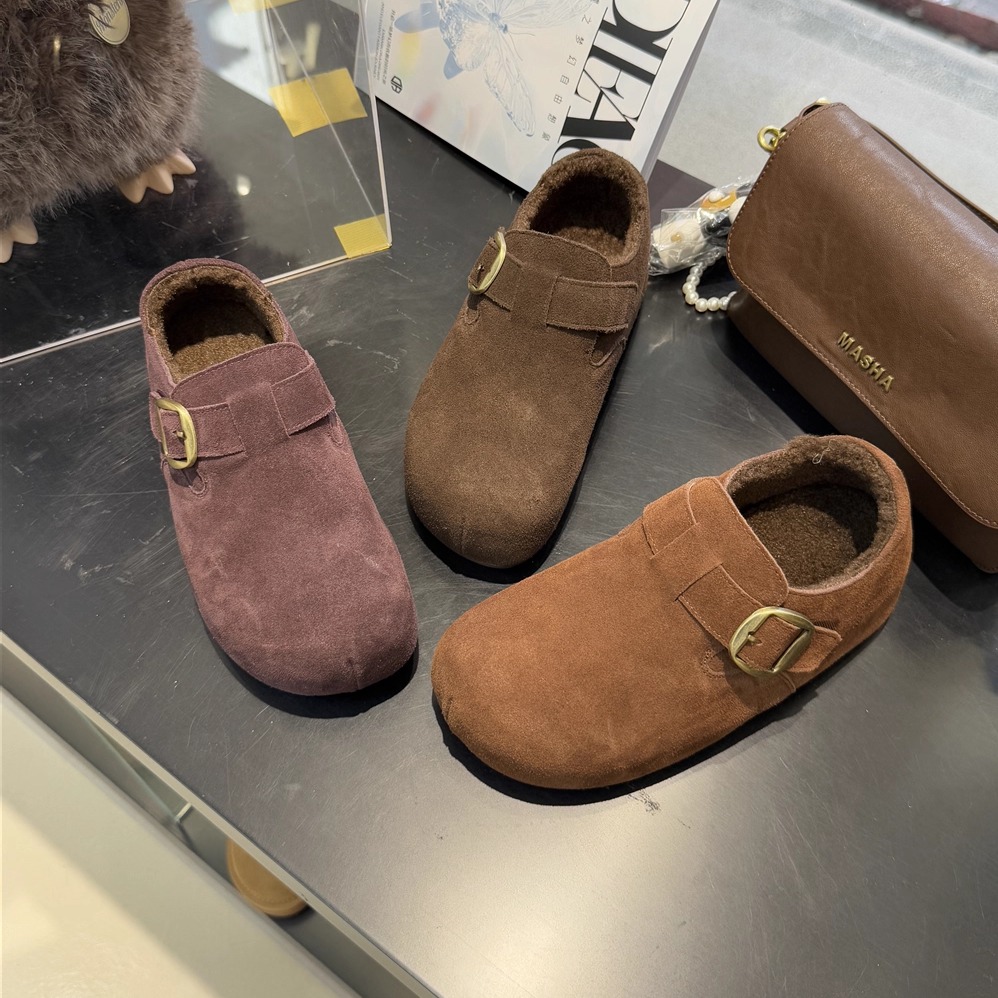 蝶澳~加绒反绒皮勃肯鞋女魔术贴一脚蹬懒人鞋平底保暖棉鞋8726R
