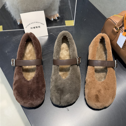 蝶澳~浅口毛毛鞋2025冬新舒适平底玛丽珍鞋加绒保暖一脚蹬8719R