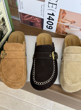 TATAFOCUS~2025新款真皮勃肯鞋平底一脚蹬懒人鞋包头半拖鞋676