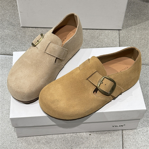 以琳~春款2025新真皮皮带扣勃肯鞋圆头豆豆鞋休闲平底单鞋35-082