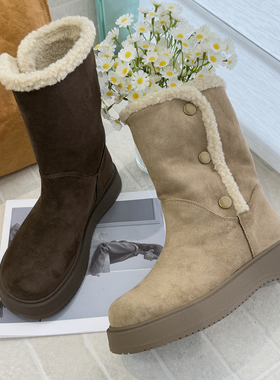 TATAFOCUS~保暖翻边雪地靴2025冬新款绒面加绒加厚中筒靴96-180