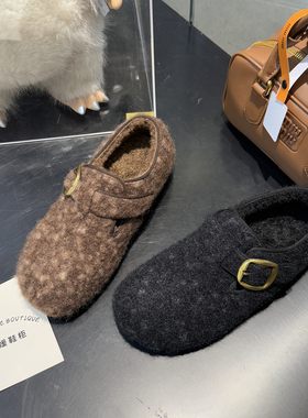 蝶澳~小花猫呢子加绒勃肯鞋魔术贴2025冬季款一脚蹬棉鞋2083-10