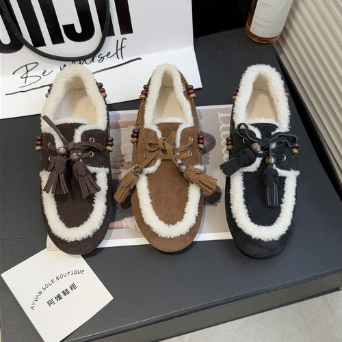 IG~加绒勃肯鞋系带平底一脚蹬乐福鞋豆豆鞋2025冬新款棉鞋G79-159