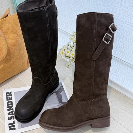 茉妮卡~西部筒靴2025秋冬新款绒面高筒靴粗跟骑士靴长靴子5056-65