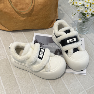 学院35 TATAFOCUS 厚底真皮小白鞋 休闲冬季 加绒加厚魔术贴棉鞋