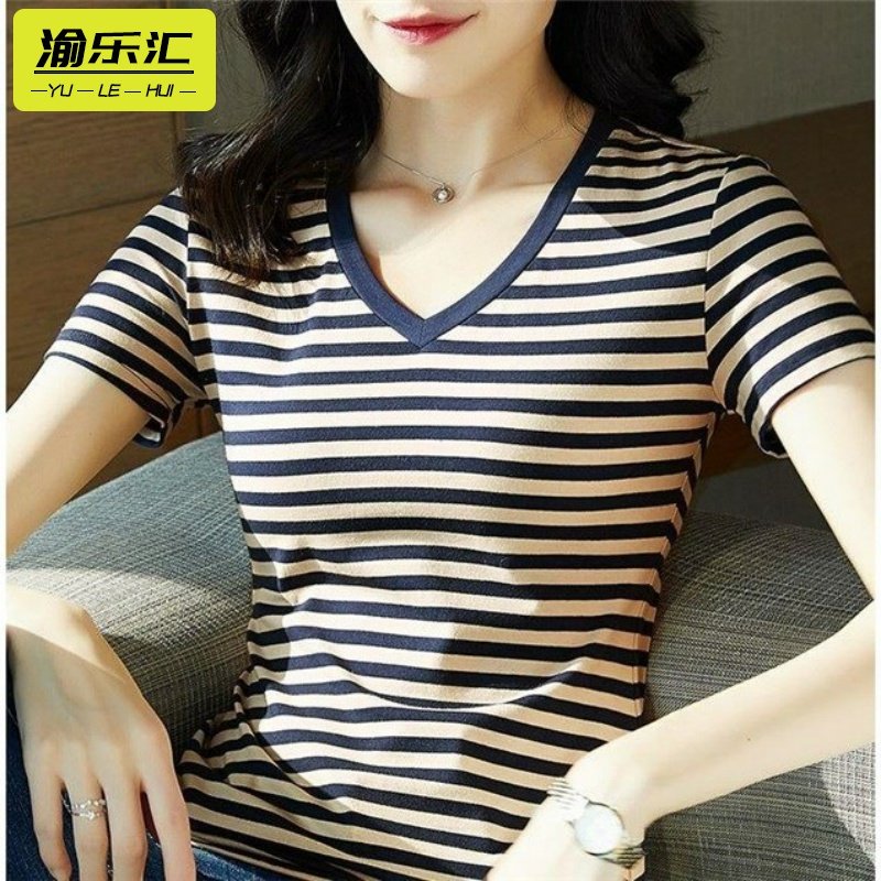 95棉条纹秋衣长袖卫衣女新款短袖T恤女夏显瘦上衣百搭体恤韩范半