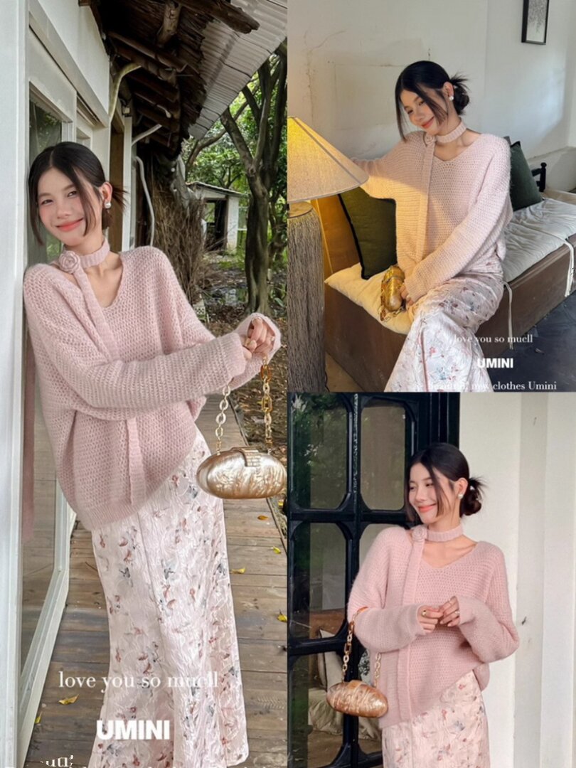 Collage of a woman modeling a pink knit sweater with a floral skirt and small gold handbag