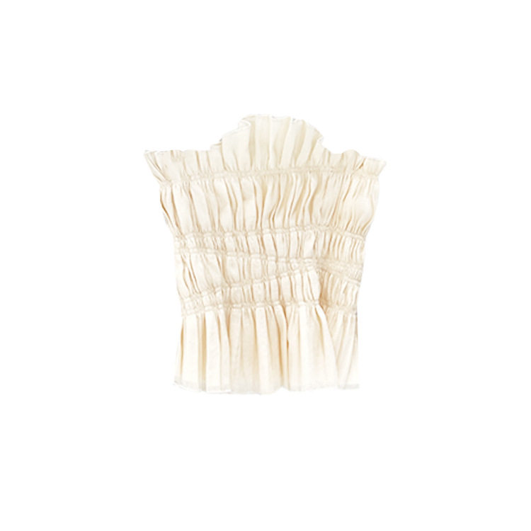 Cream strapless ruched crop top on a white background