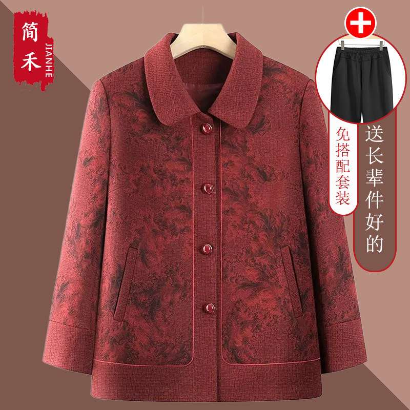 中老年女秋冬翻领长袖休闲外套