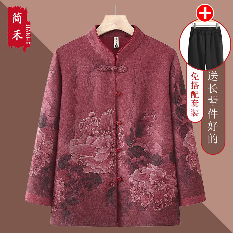 中老年女春秋薄款中国风衬衫