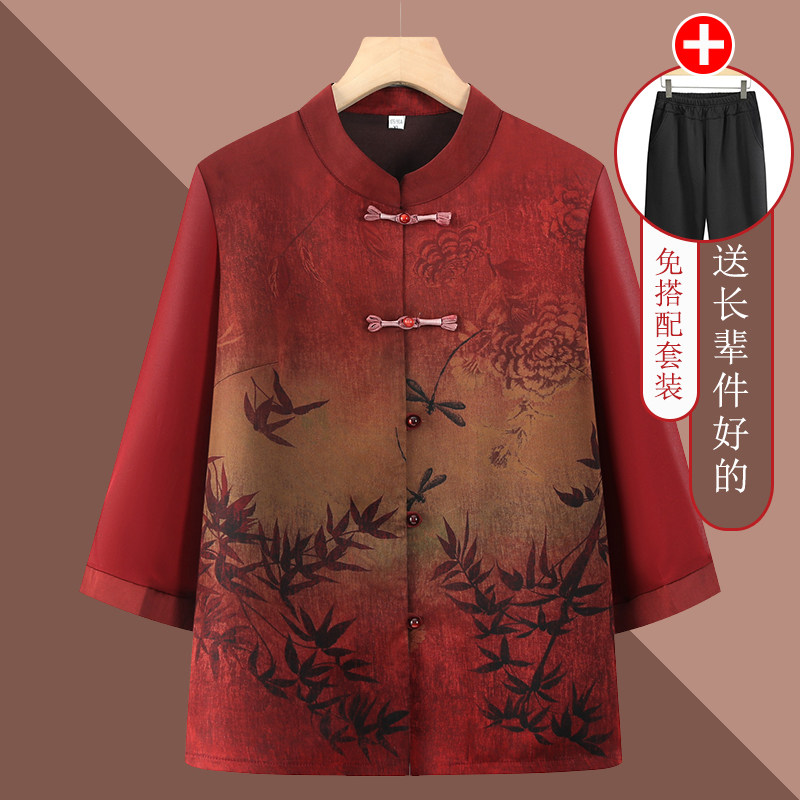 老年人夏装女奶奶七分袖衬衫60岁70妈妈装80岁90老太太民族风衣服