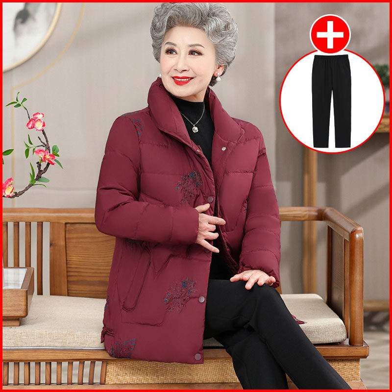 老年人羽绒服女老人冬天衣服刺绣