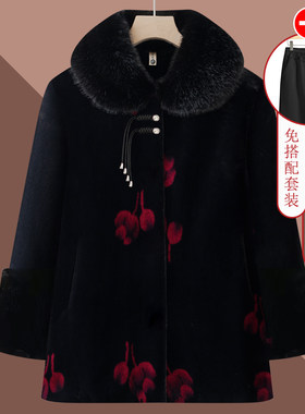 奶奶冬装加绒加厚外套中老年女装毛领大衣妈妈保暖棉袄老人棉衣服