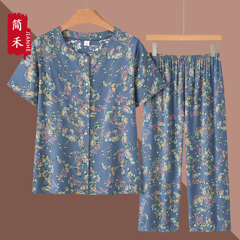 夏季薄款棉绸开襟短袖奶奶套装