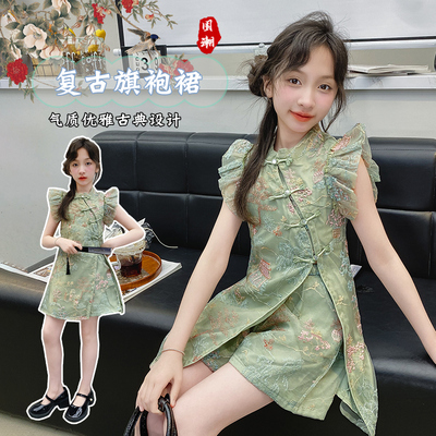夏季无袖花边袖旗袍套装