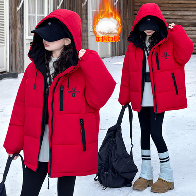 女童冬装羽绒棉服加厚红色棉袄