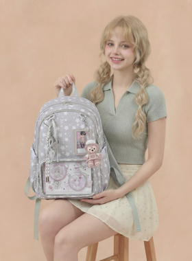 AORDA 高颜值大容量双肩高中生背包娃包吧唧灰色痛包书包初中女生