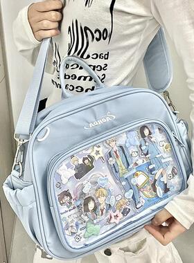 AORDA 原创蓝色书包简约女高中学生斜挎包双肩包娃谷两用日系痛包