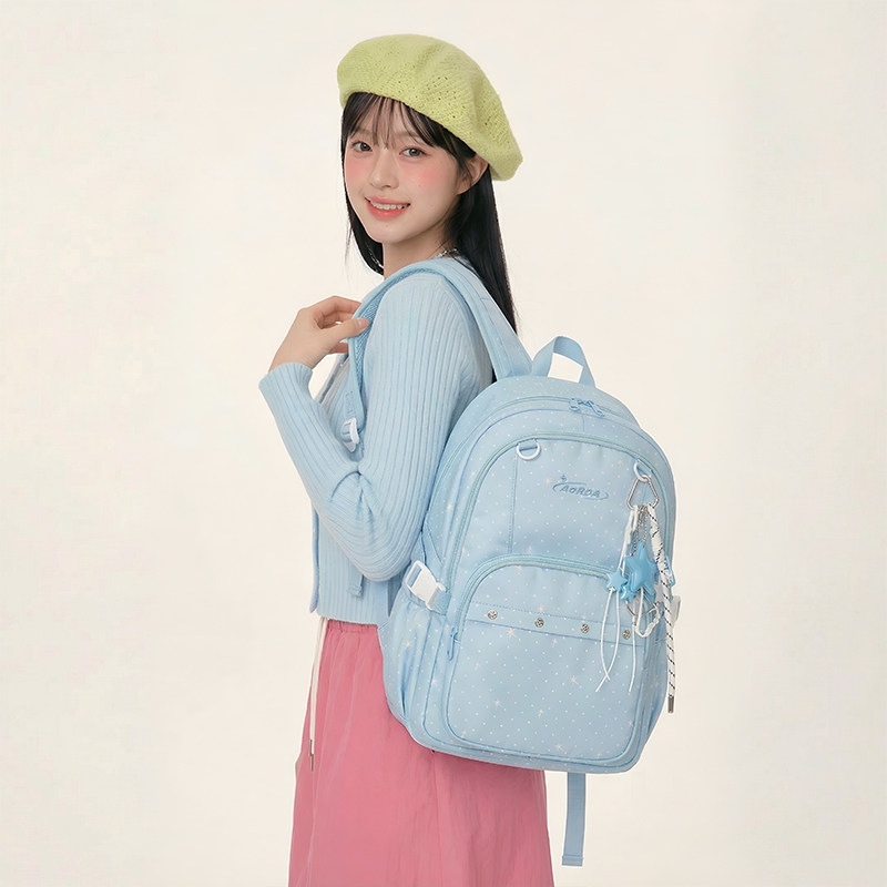 AORDA 2026新款电脑包波点书包初中女生蓝色高中生大容量双肩背包