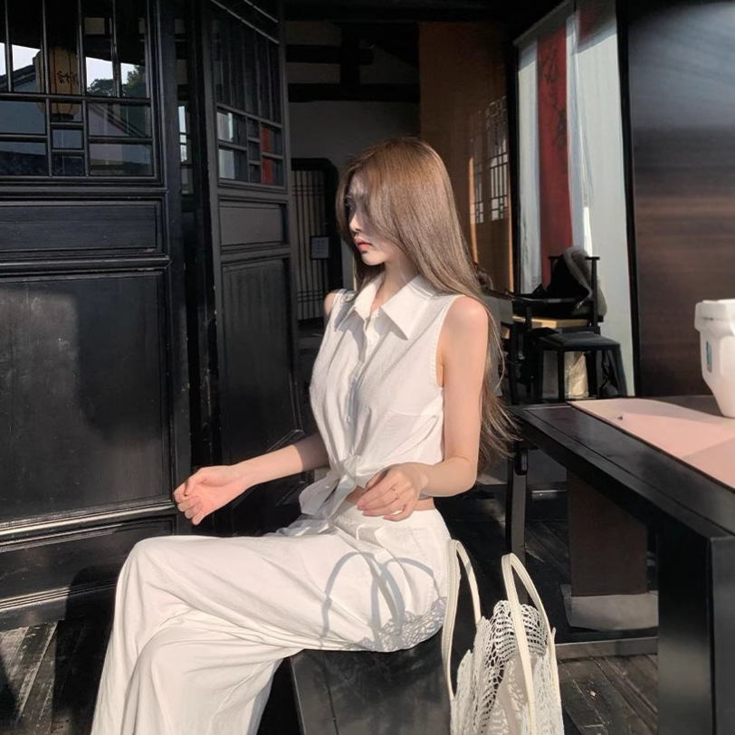 韩系白色无袖衬衫女夏宽松显瘦小众绝美优雅名媛气质坎肩背心上衣