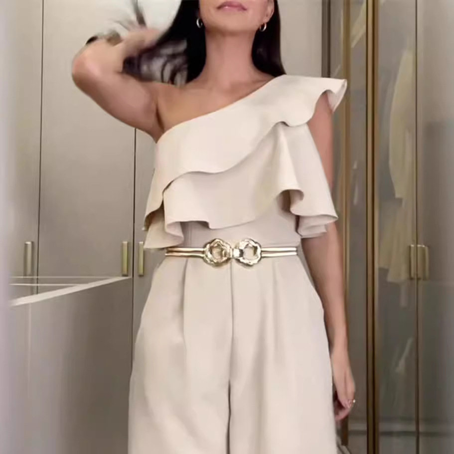 2024亚马逊欧美新款杏色单肩荷叶边修身连体裤-不需要有腰带,女装/女士精品,连体衣/裤,淘宝优惠券,粉丝福利购,淘宝优惠卷