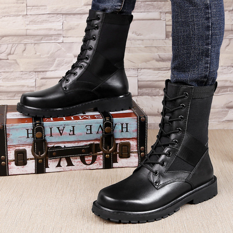 春季新款中筒军靴男特训保安作战马丁靴潮流高帮真皮户外工装靴子|ruв категории Мужская обувь, сапоги - от Buy2taobao.com для оказания профессиональной услуги покупки агента Taobao