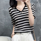 短袖 显瘦V领黑白条纹T恤女冰丝宽松气质0204r 2026新款 t恤夏季 女装