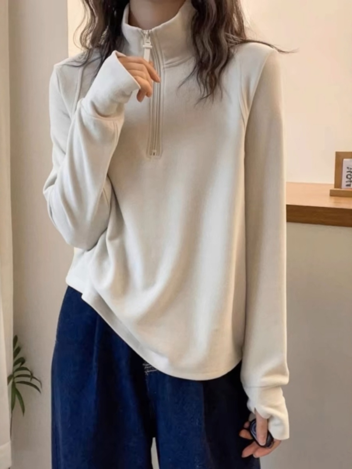 欧货套头立领德绒卫衣女春秋2025新款显瘦修身百搭慵懒风长袖上衣