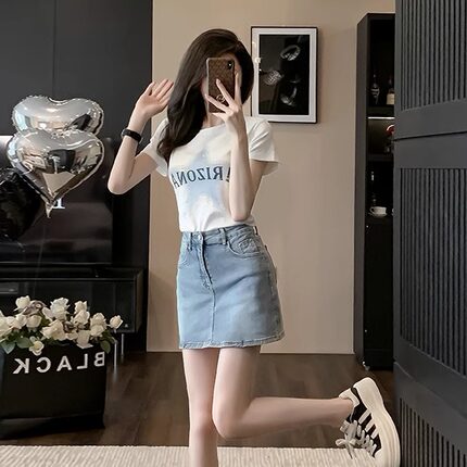 时尚流行牛仔短裙运动休闲套装女夏季新款韩流烫钻短袖气质两件套