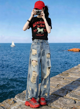 夏款时尚潮流黑色印花T恤蓝色破洞阔腿高腰显瘦牛仔裤两件套装女