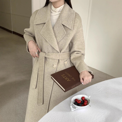 赫本风长款双面羊毛大衣呢外套