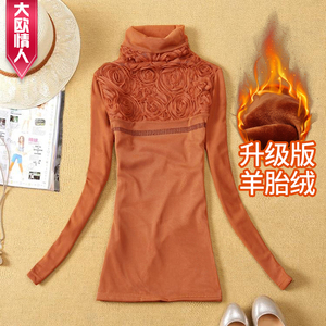 秋冬2023新款保暖上衣高领网纱蕾丝加绒加厚打底衫女短款T恤韩版