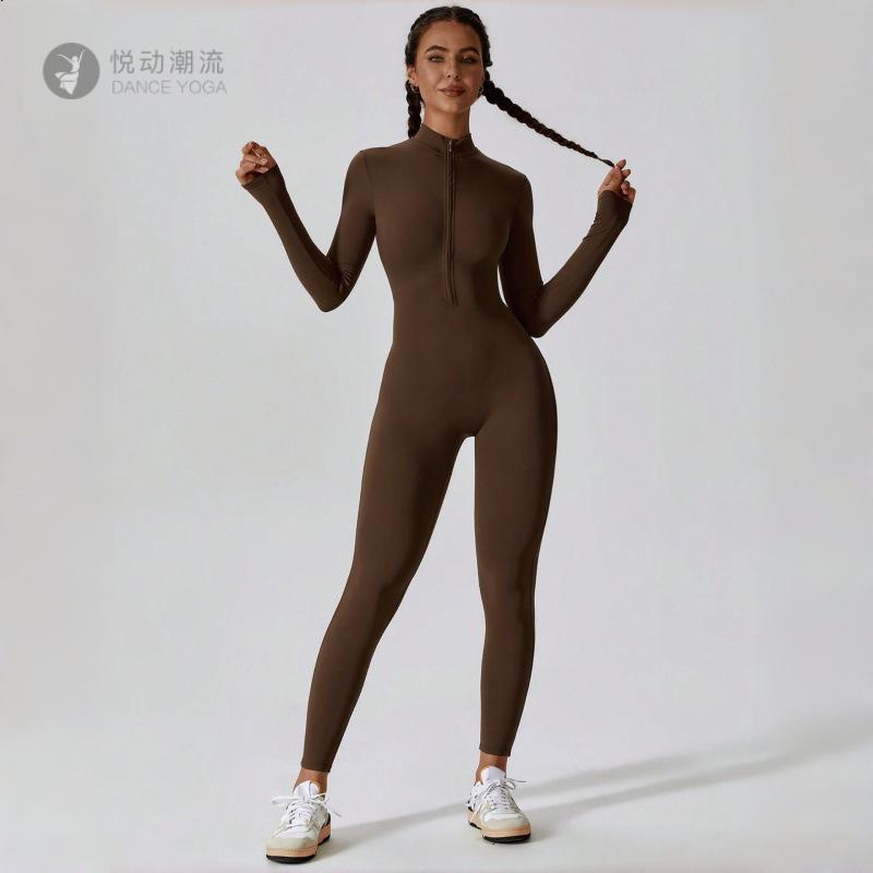 新款紧身拉链连体长袖修身显臀女