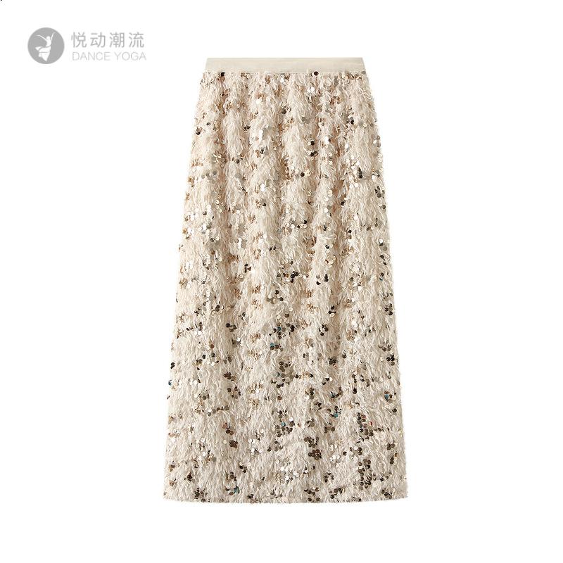 亮片开叉半身裙女秋冬加绒重工