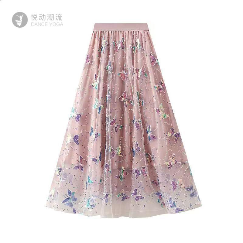 重工刺绣亮片网纱高腰A字仙女