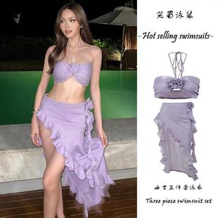闪闪挂脖拍照泳装 温泉新款 三件套游泳衣度假风性感辣妹修身