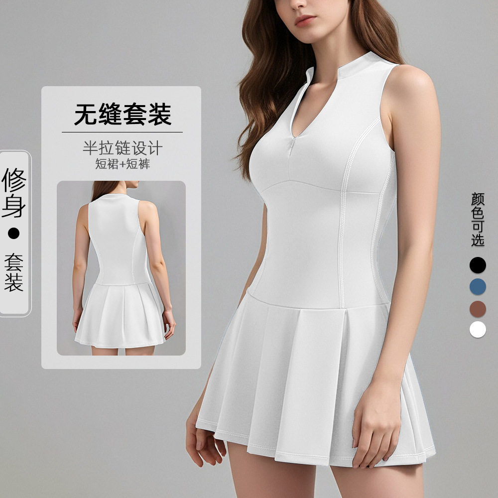 运动连衣裙女夏网球裙套装半拉链
