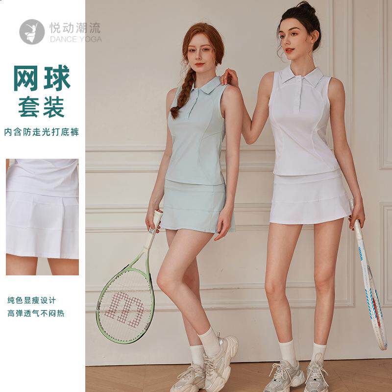 新款袖网球裙运动套装瑜伽短裙夏季双口袋裙裤两件套