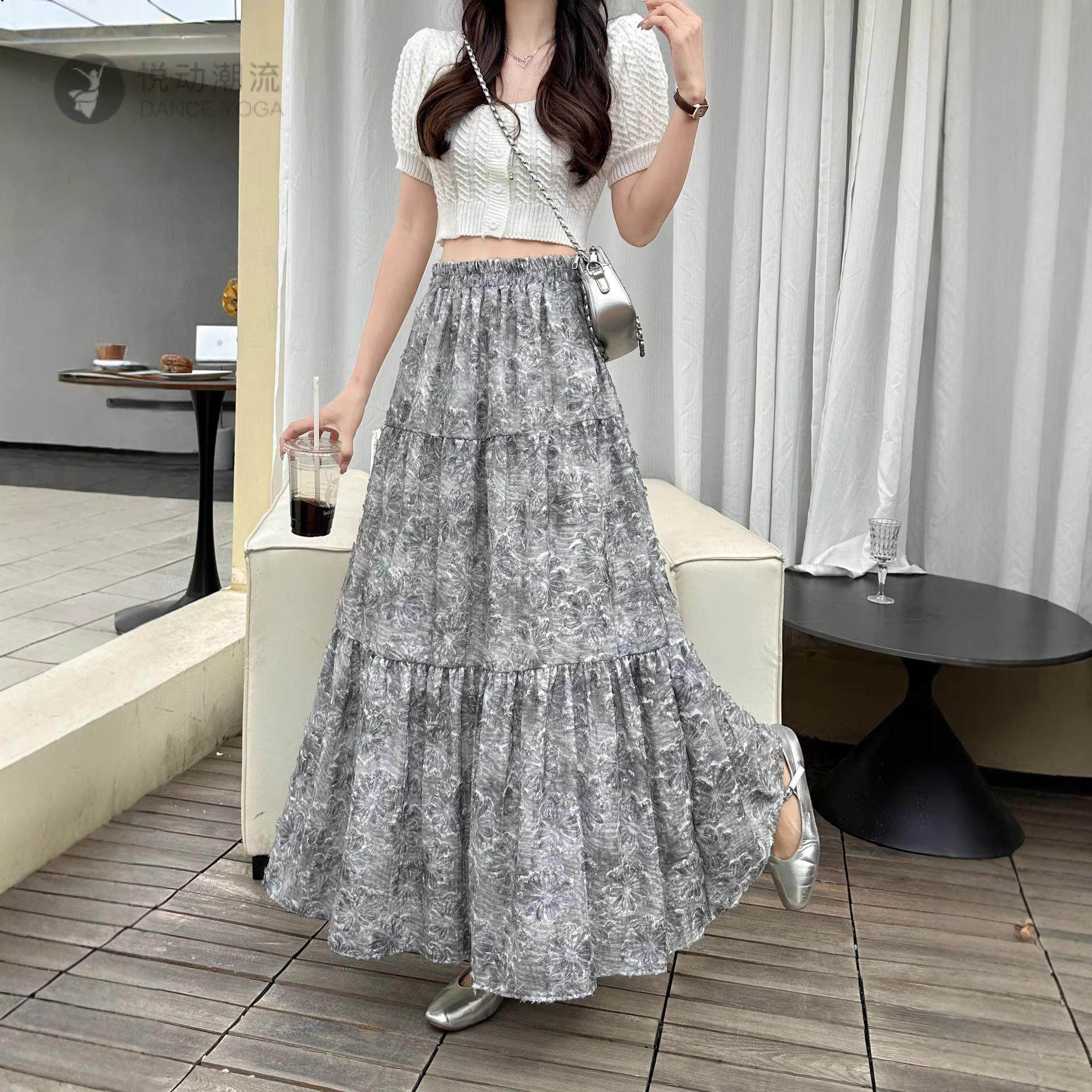 春款高腰古风水墨画印花雪纺裙中长款A字大摆半身裙子女