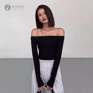 一字肩露脐短款上衣女长袖性感高腰超短装韩版秋冬紧身打底衫恤