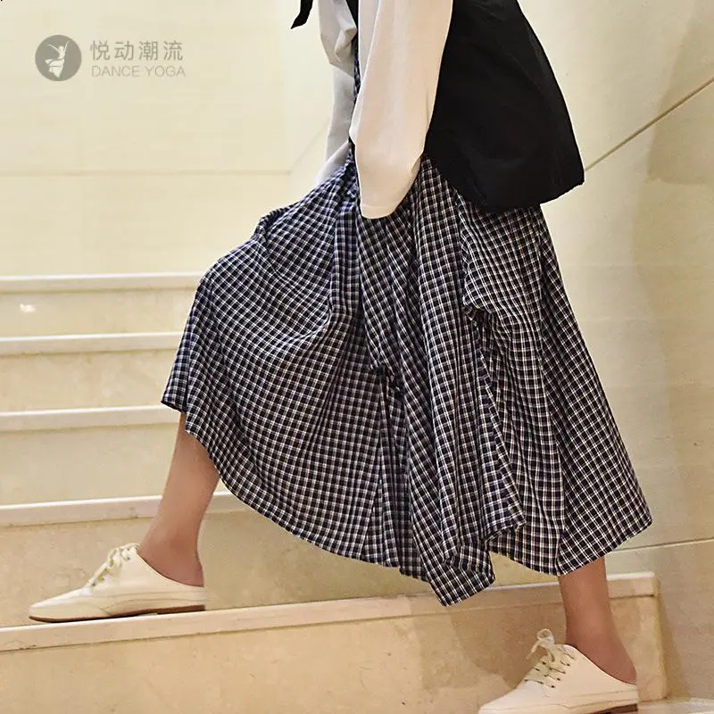 格子半身裙色织中长款个性不规则下摆设计松紧腰半身裙女现货格纹