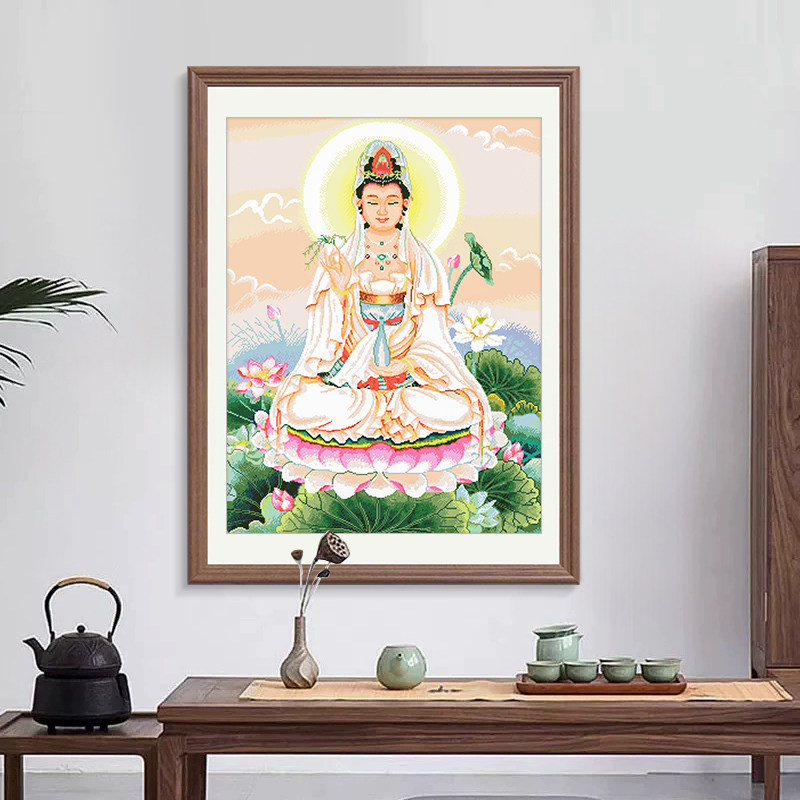 坐莲观音十字绣2025新款客厅卧室玄关人物手工自己绣观音菩萨荷花,居家布艺,十字绣套件,淘宝优惠券,粉丝福利购,淘宝优惠卷