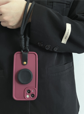 复古酒红色黑色支架适用iphone15promax手机壳苹果13手绳12保护套14Pro气质女11新款12Pro全包防摔13Pro硅胶