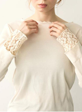日本原d少量cr*isp蕾丝花边拼接袖口高弹力木耳领长袖T恤打底衫女