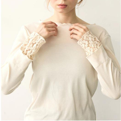 日本原d少量cr*isp蕾丝花边拼接袖口高弹力木耳领长袖T恤打底衫女