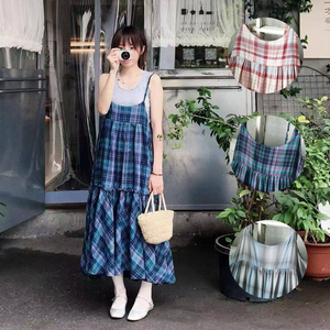 妮寇家叠穿吊带裙 全棉格子大裙摆日系甜美连衣裙全棉中长裙女装