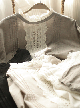 日本森林系sm2纯元棉麻蕾丝花边娃娃衫 日系套头衬衣宽松上衣女装