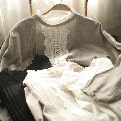 日本森林系sm2纯元棉麻蕾丝花边娃娃衫 日系套头衬衣宽松上衣女装