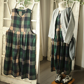 文艺格子背心裙 日系原d春装 新款 森女毛呢宽松褶子连衣裙中长裙