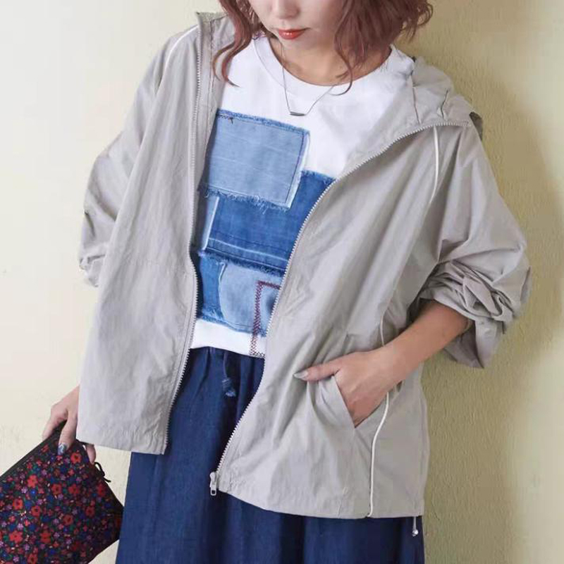 日本方糖早秋连帽防小雨夹克 日系宽松户外拉链衫短风衣外套女装